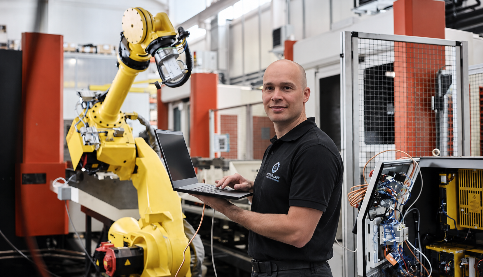 Arthur Laut bei der Arbeit an einer Industrieanlage mit gelbem Roboter